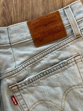 Levi's Light Blue Denim Jean shorts with Tan Leather Patch